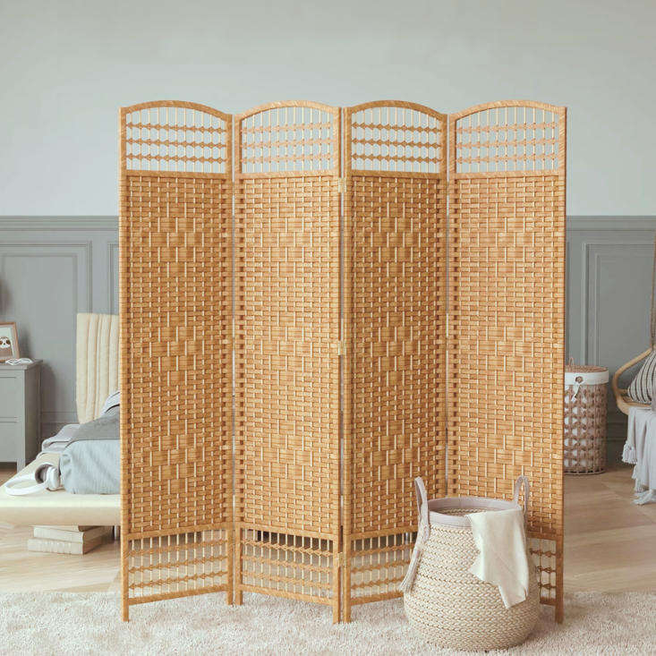 Partition Room Divider - 4 Panel Natural Fiber Folding Weaved Room Screen Divider (Light Brown)