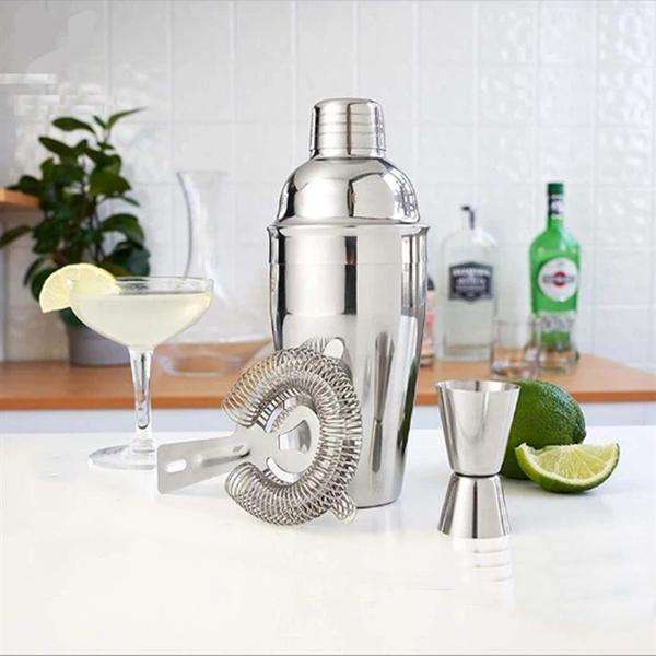 3 Piece Compact Stainless Steel Bar Cocktail Set + Portable Glass Ice Bucket with Handle and Tong
