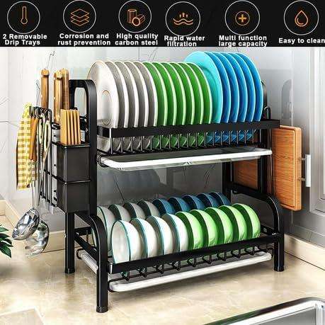 2-Tier Dish Rack Kitchen Stainless Steel Dish Drainer Rack with Drainboard