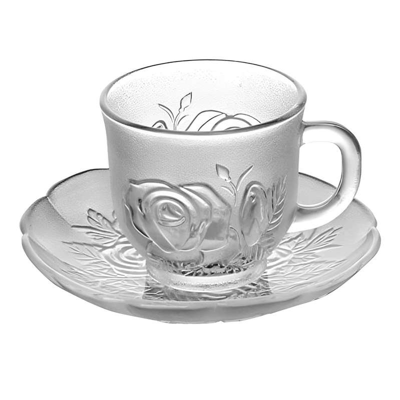 Set of 6 Glass Teacups and Saucers in Floral Pattern (220ml)