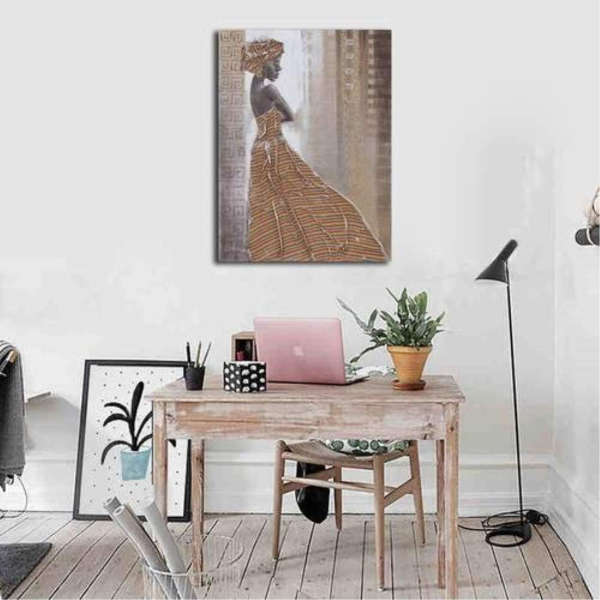 Wall Art Modern Canvas Print- African Beauty Girl Yellow Striped Dress Printed on Canvas