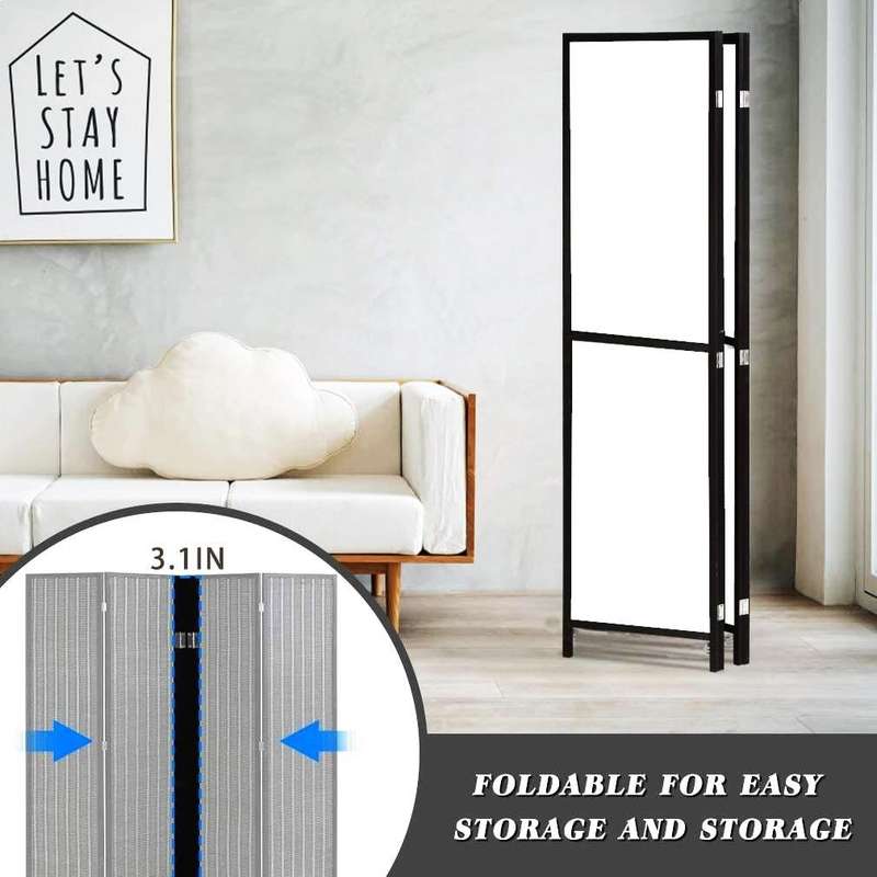 Partition Room Divider - White 4-Panel Folding Privacy Screen Room Divider with Black Wooden Frames