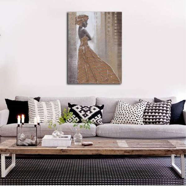 Wall Art Modern Canvas Print- African Beauty Girl Yellow Striped Dress Printed on Canvas