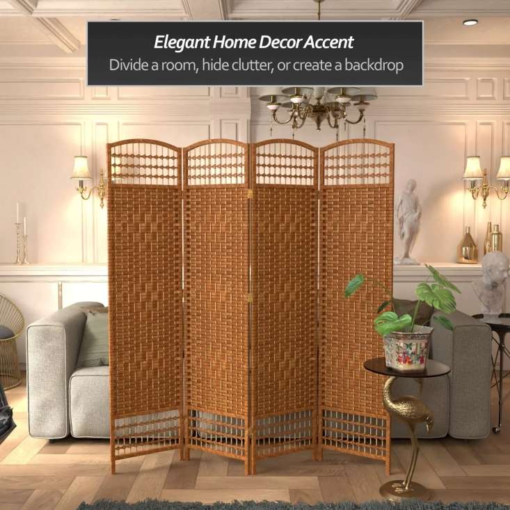 Partition Room Divider - 4 Panel Natural Fiber Folding Double-Weaved Room Screen Divider (Orange)