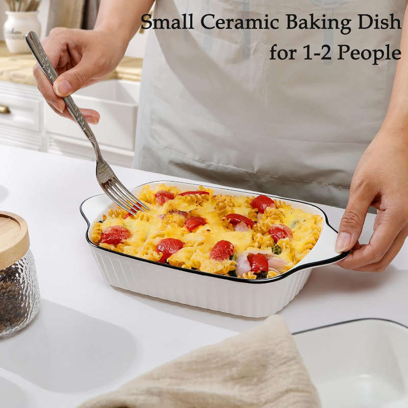 Set of 2 White with Black Rim Ceramic Rectangular Baking Dish with Handles