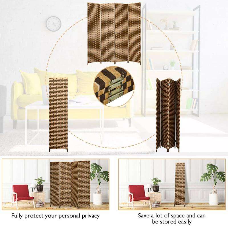 Partition Room Divider - 4 Panel Folding Room Divider Weave Fiber Privacy Partition Screen