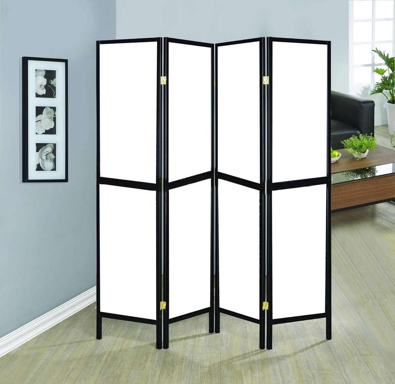 Partition Room Divider - White 4-Panel Folding Privacy Screen Room Divider with Black Wooden Frames