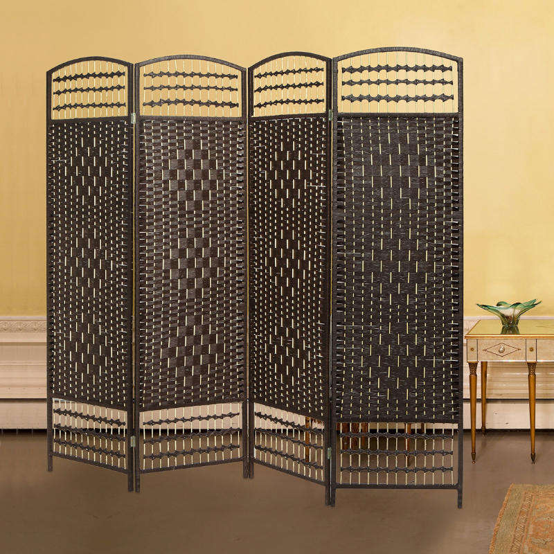 Partition Room Divider - 4 Panel Natural Fiber Folding Double Room Screen Divider (Dark Brown)