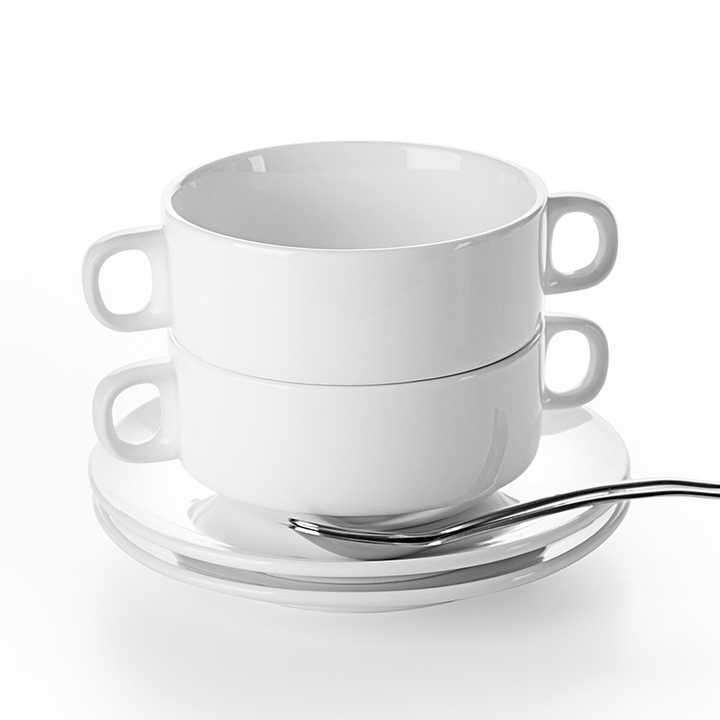 Set of 6 White Porcelain Stackable Soup Bowl with Handle and Saucer with Two Handles