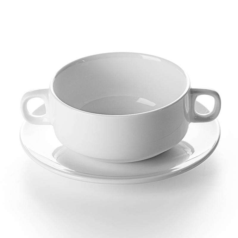 Set of 6 White Porcelain Stackable Soup Bowl with Handle and Saucer with Two Handles