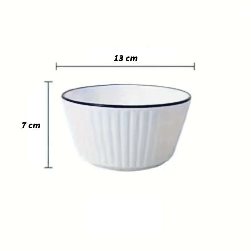 Set of 4 White with Black Rim Stackable Ceramic Simple Bowls (13 x 7 cm)