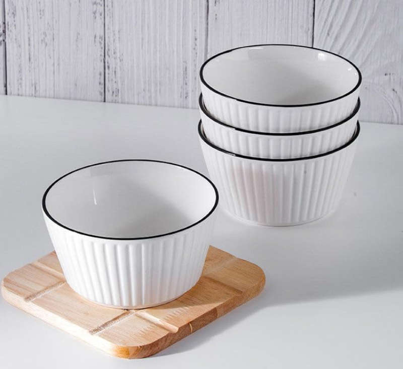 Set of 4 White with Black Rim Stackable Ceramic Simple Bowls (13 x 7 cm)