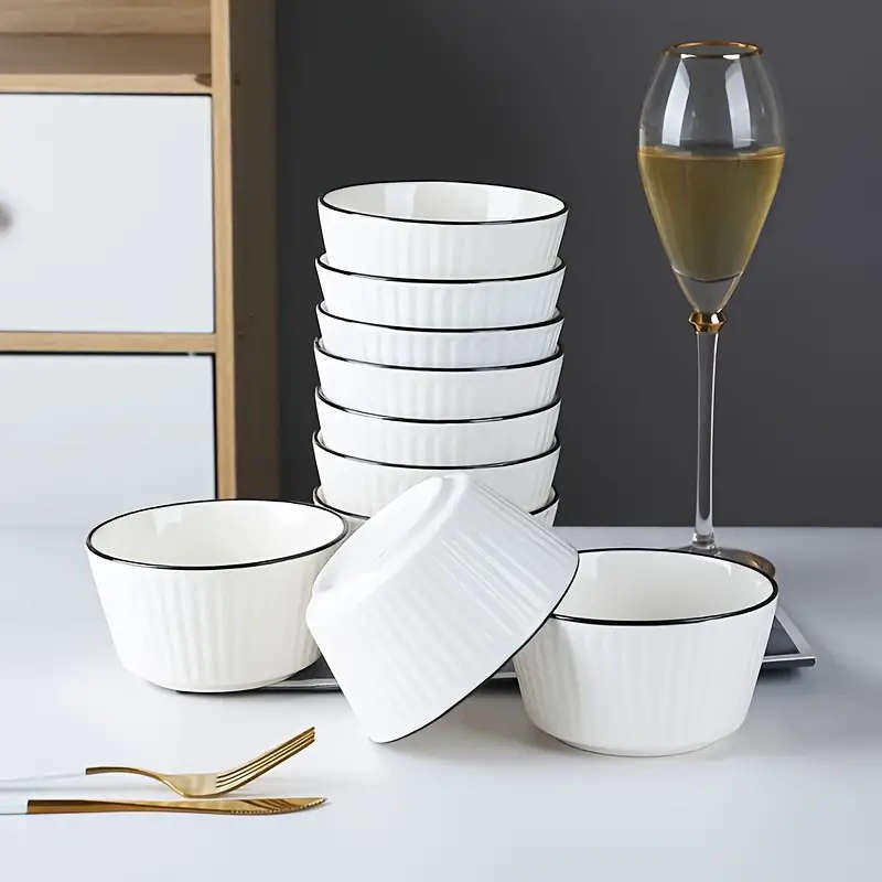 Set of 4 White with Black Rim Stackable Ceramic Simple Bowls (13 x 7 cm)