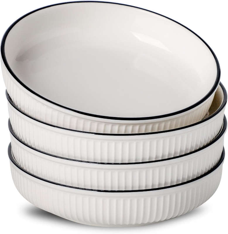 Set of 4 White with Black Rim Stackable Ceramic Serving Pasta Plates