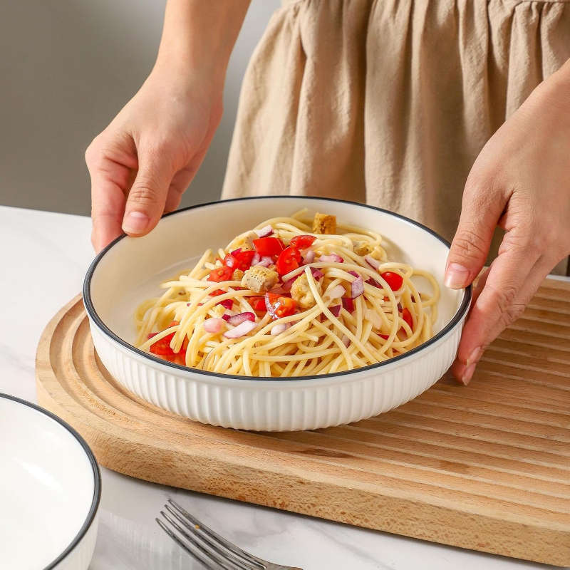 Set of 4 White with Black Rim Stackable Ceramic Serving Pasta Plates