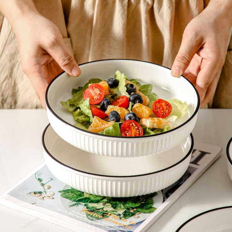 Set of 4 White with Black Rim Stackable Ceramic Serving Pasta Plates