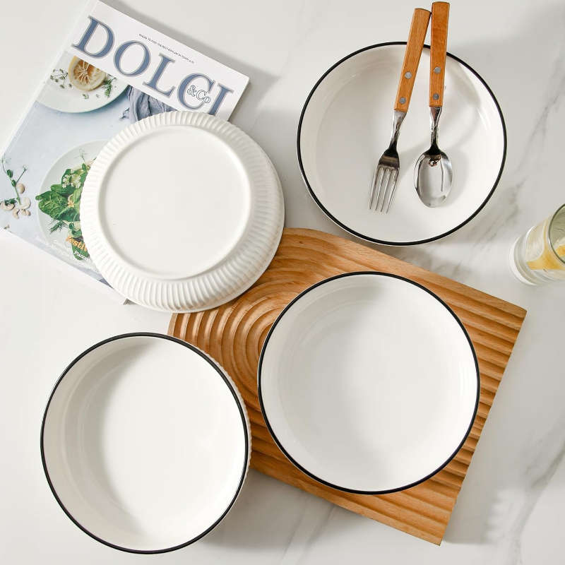 Set of 4 White with Black Rim Stackable Ceramic Serving Pasta Plates