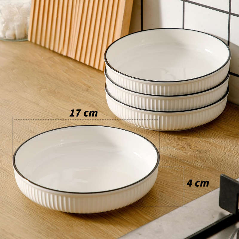 Set of 4 White with Black Rim Stackable Ceramic Serving Pasta Plates