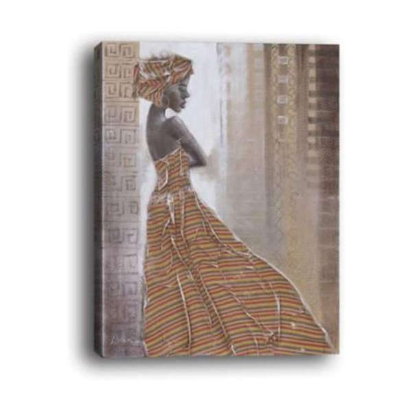 Wall Art Modern Canvas Print- African Beauty Girl Yellow Striped Dress Printed on Canvas