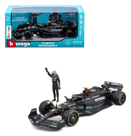 Burago 28037 Formula 1 F1 Mercedes AMG W 14 E W14E 2023 GP No 44 Hamilton "Petronas" with figurine