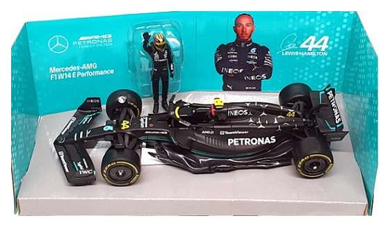 Burago 28037 Formula 1 F1 Mercedes AMG W 14 E W14E 2023 GP No 44 Hamilton "Petronas" with figurine