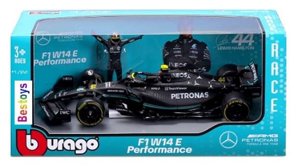 Burago 28037 Formula 1 F1 Mercedes AMG W 14 E W14E 2023 GP No 44 Hamilton "Petronas" with figurine