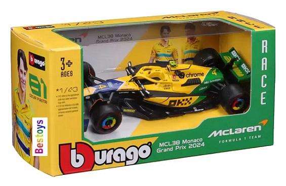 Burago 38214 Formula 1 F1  McLaren MCL38 No 4 Norris Monaco Grand Prix 2024 GP