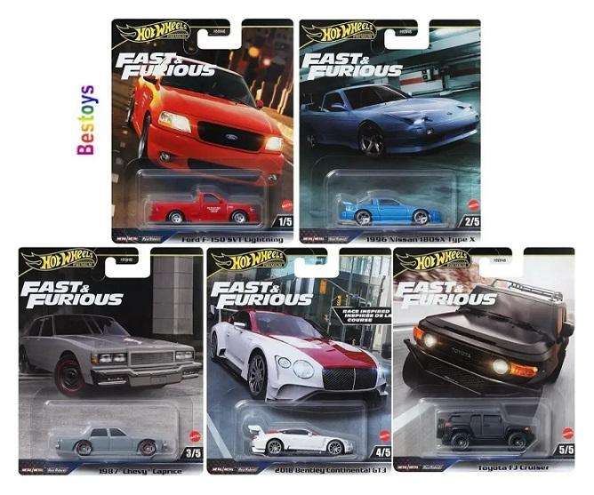 Hot Wheels Set Fast & Furious Ford SVT Nissan 180 SX Chevy Caprice Bentley Con Toyota FJ Land Cruise