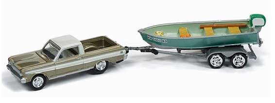 Johnny Lightning Diecast Model Car Set Hulls & Haulers Ford Ranchero 1965 + Fishing Boat + trailer