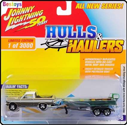 Johnny Lightning Diecast Model Car Set Hulls & Haulers Ford Ranchero 1965 + Fishing Boat + trailer