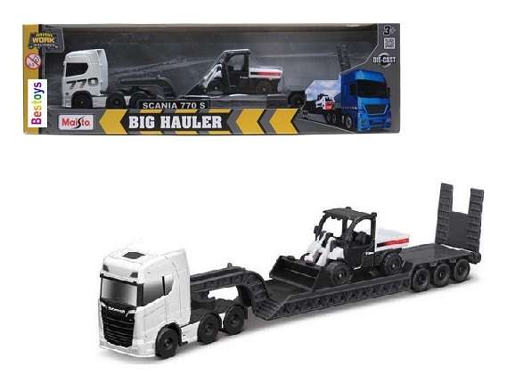 Maisto Mini Work Machines Diecast Model Scania 770 S Truck + lowbed trailer + Bobcat Gator