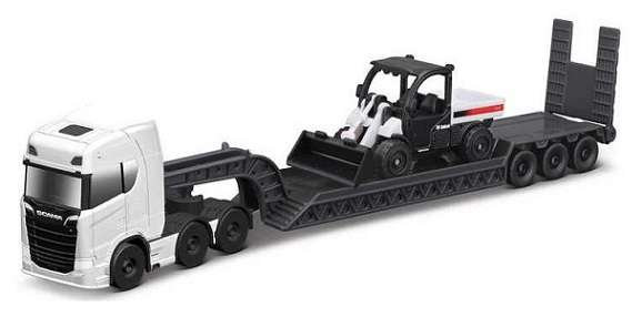 Maisto Mini Work Machines Diecast Model Scania 770 S Truck + lowbed trailer + Bobcat Gator