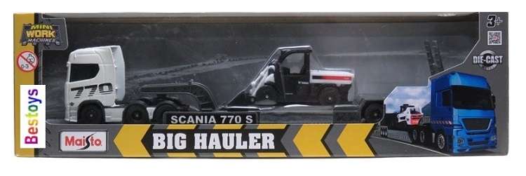 Maisto Mini Work Machines Diecast Model Scania 770 S Truck + lowbed trailer + Bobcat Gator