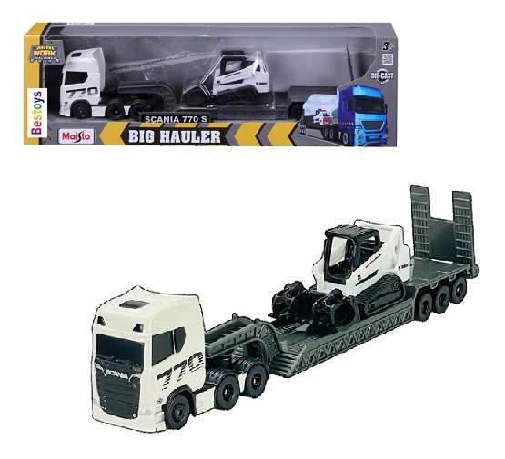 Maisto Mini Work Machines Diecast Model Scania 770 S Truck + lowbed trailer + Bobcat Skidsteer