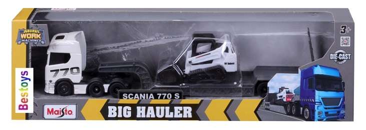 Maisto Mini Work Machines Diecast Model Scania 770 S Truck + lowbed trailer + Bobcat Skidsteer