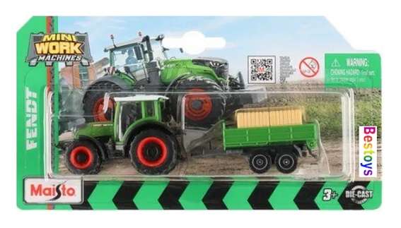 Maisto Mini Work Machines Diecast Model Tractor Fendt 208 + Hay Trailer Farm +- 1/64 scale