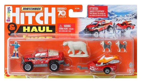 Matchbox Hitch & Haul Set MBX Arctic Explorer Snow Thrasher + Snowmobile + trailer + accessories