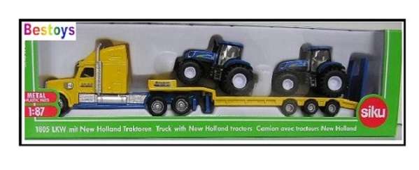 SIKU Diecast Model 1805 Peterbilt Truck and lowbed trailer with 2 New Holland Tractors 1/87 HO rail