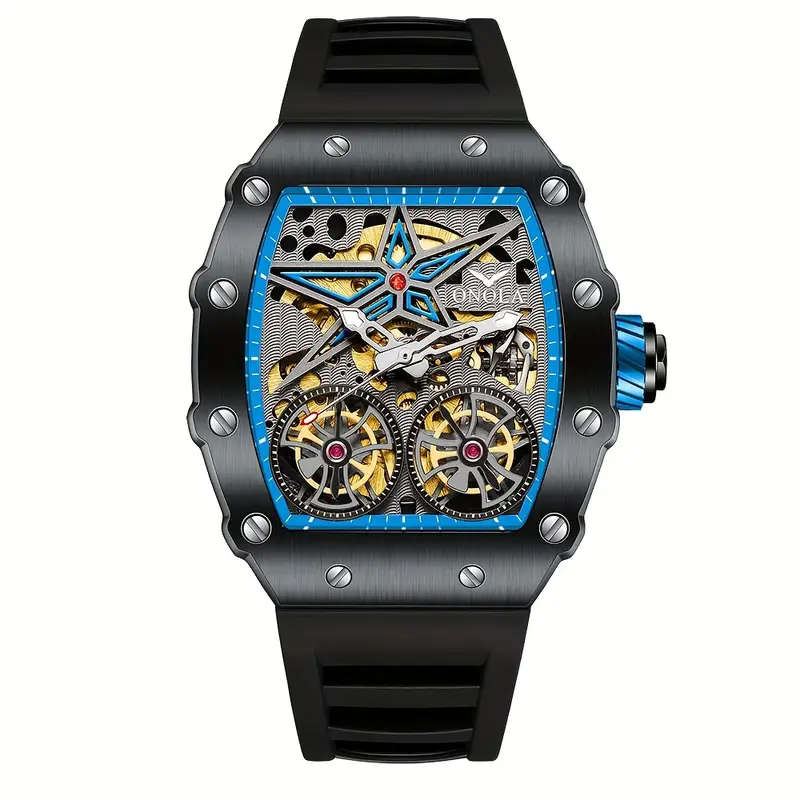 ONOLA Maximus Double Barrel Watch - Automatic, Blue Dial & Black Strap