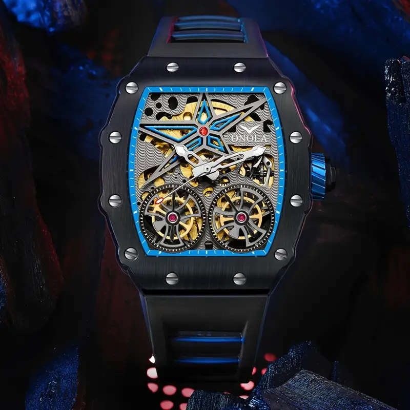 ONOLA Maximus Double Barrel Watch - Automatic, Blue Dial & Black Strap