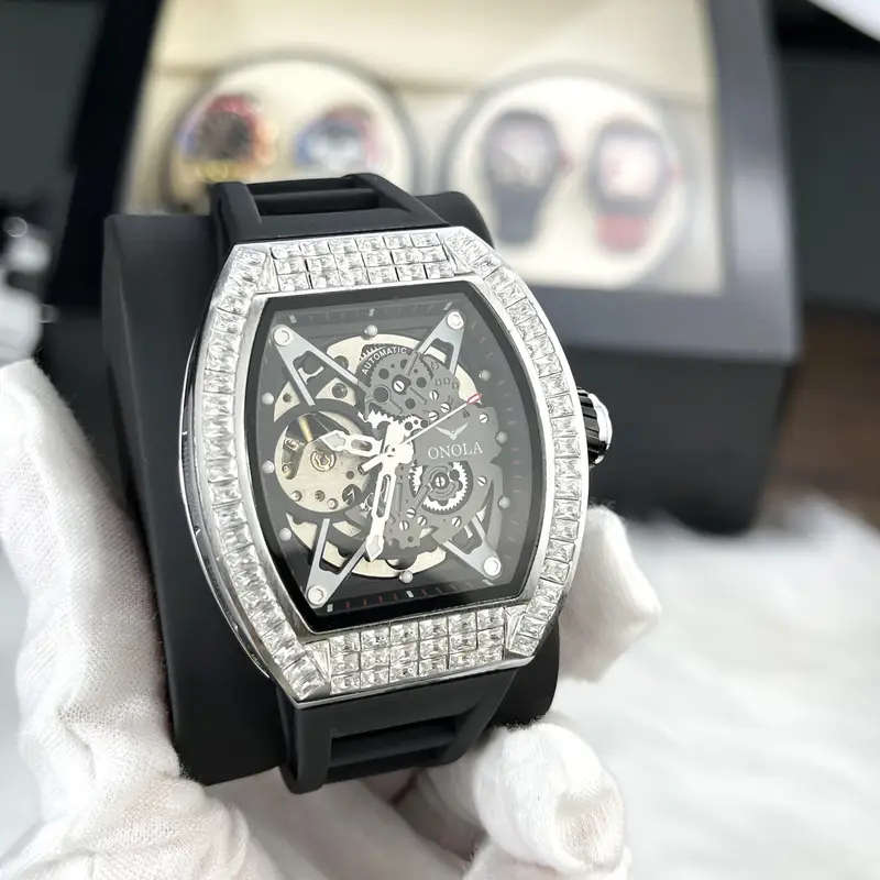 ONOLA Skeleton Mechanical Watch with Barrel Design