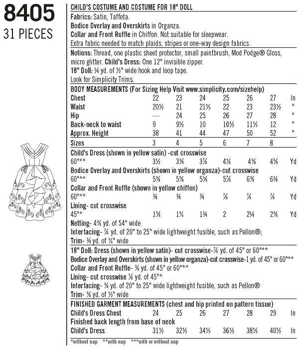 Simplicity 8405 (Size 3-8) plus 18 inch Dolls - Belle from Beauty and the Beast - Sewing Pattern