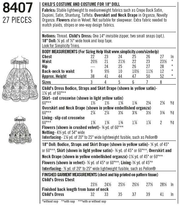 Simplicity 8407 (Size 3-8) plus 18 inch Dolls - Belle from Beauty and the Beast - Sewing Pattern