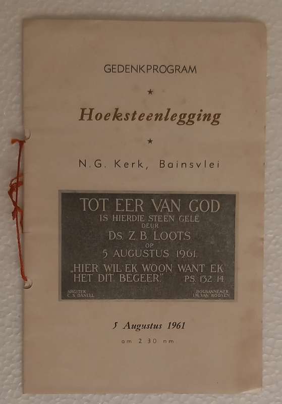 Gedenkprogram hoeksteenlegging NG Kerk Bainsvlei program 5 Aug 1961