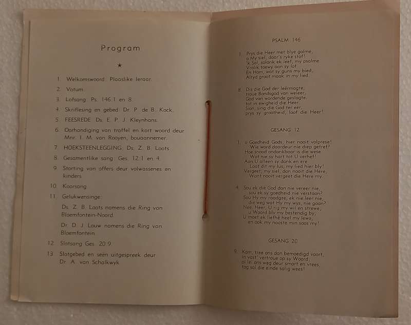 Gedenkprogram hoeksteenlegging NG Kerk Bainsvlei program 5 Aug 1961