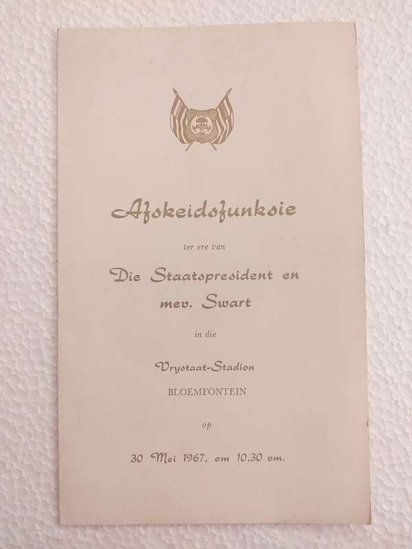 Farewell function State President CR Swart Bloemfontein 30 May 1967 (Bilingual)  Afskeidsfunksie
