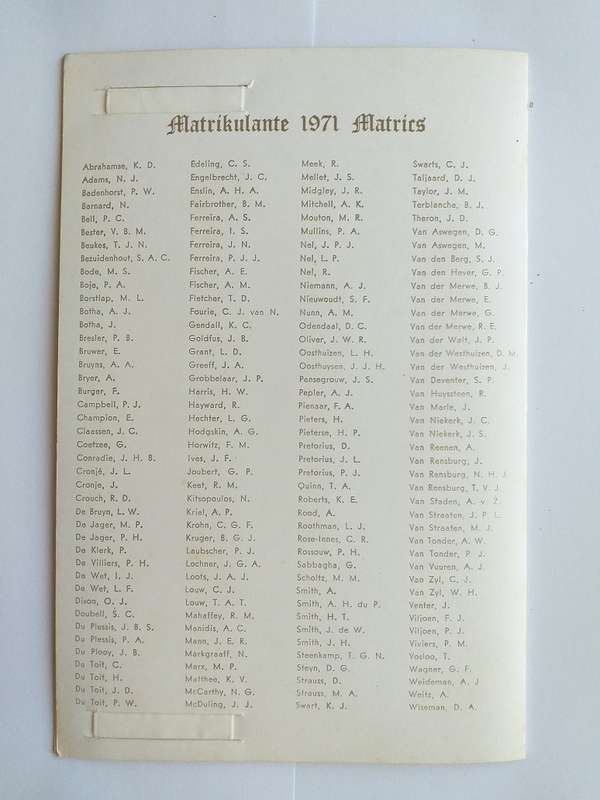 Grey Kollege (Bloemfontein) Afskeidsdinee Farewell Dinner leaflet / program 1971