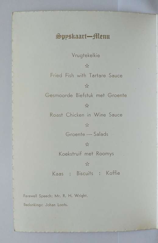 Grey Kollege (Bloemfontein) Afskeidsdinee Farewell Dinner leaflet / program 1971
