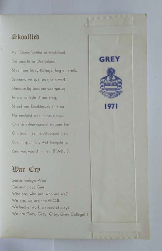 Grey Kollege (Bloemfontein) Afskeidsdinee Farewell Dinner leaflet / program 1971