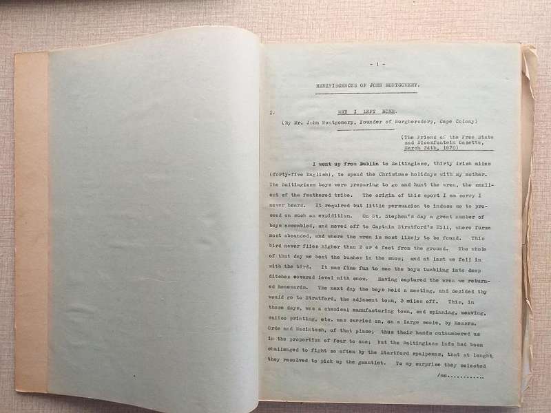 Reminiscences of John Montgomery founder of Burghersdorp - Original typed manuscript
